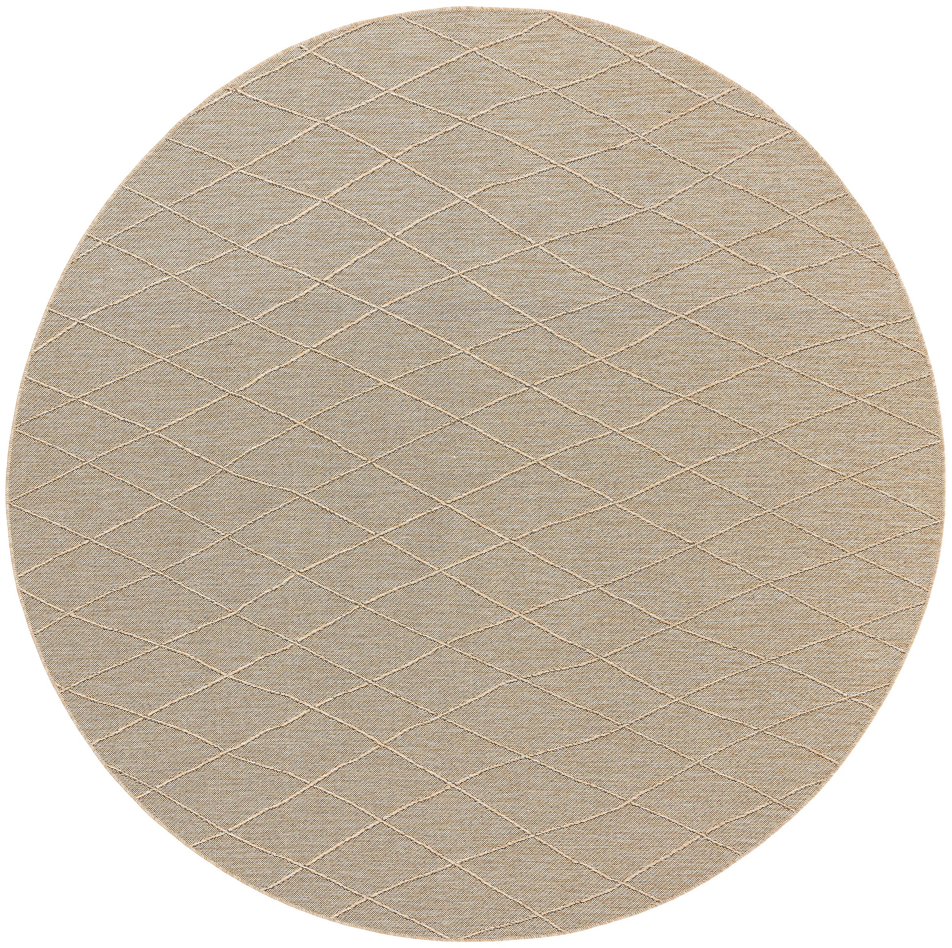 Round beige quilted rug with subtle diamond stitching, soft textured fabric for neutral home decor.
