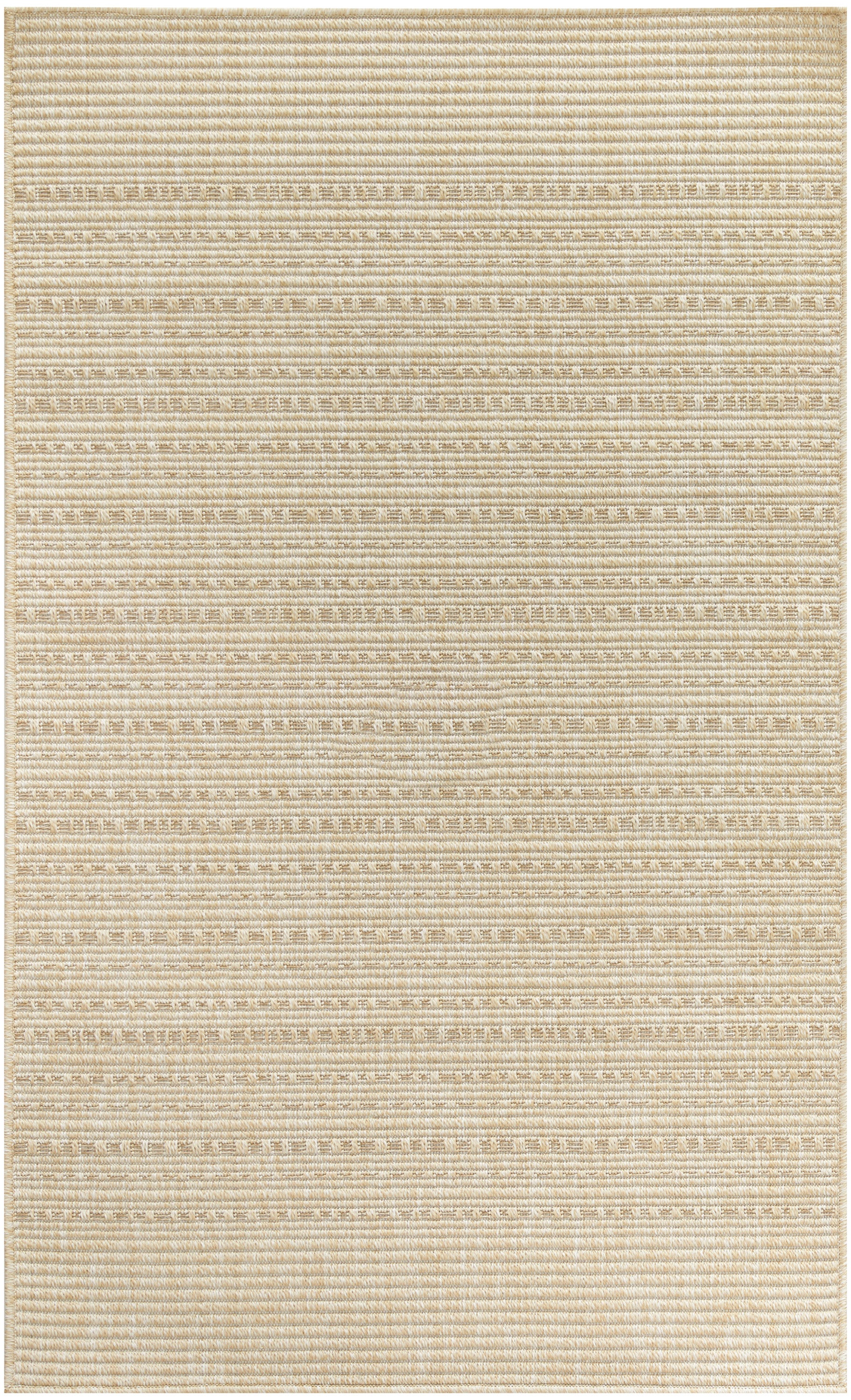 Beige woven flat-weave rug with subtle horizontal stripes; neutral, versatile decor for living room or bedroom.