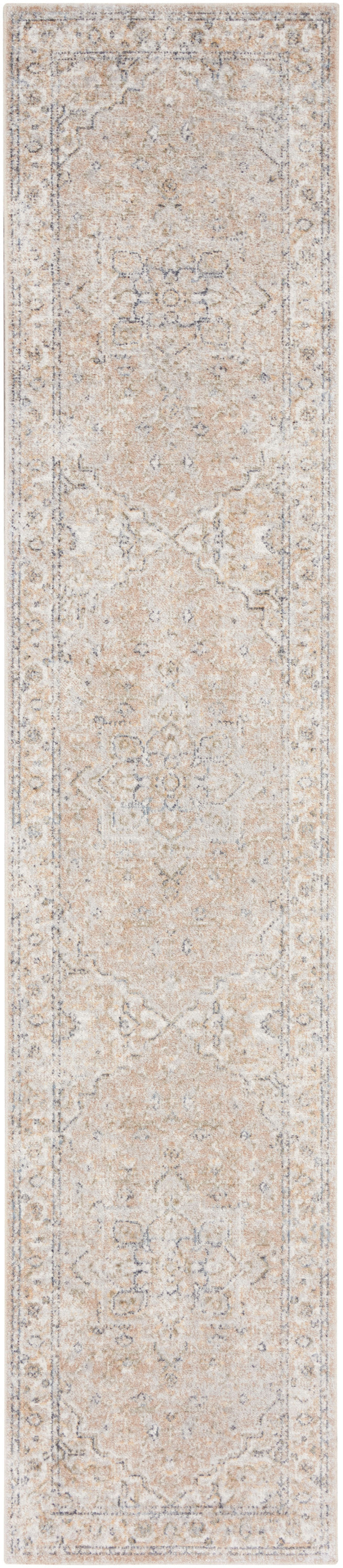 Beige antique-style Persian runner rug with faded cream florals and decorative border.