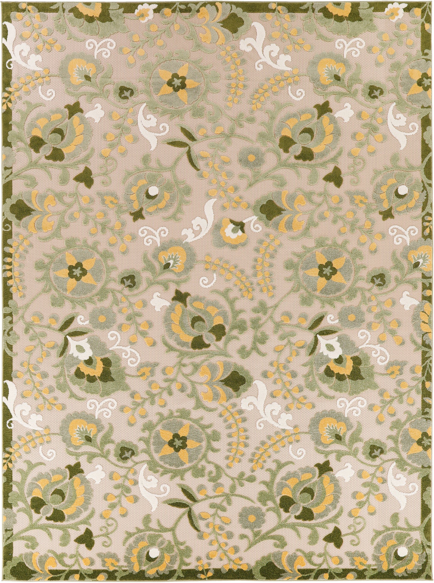 Beige outdoor rug with muted green, yellow and white floral damask motif, scrolling vines and olive border.