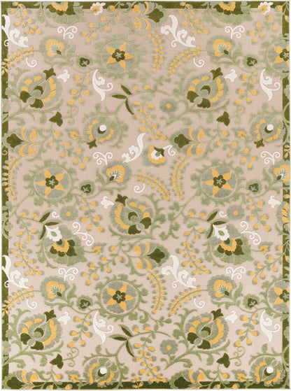 Beige outdoor rug with muted green, yellow and white floral damask motif, scrolling vines and olive border.