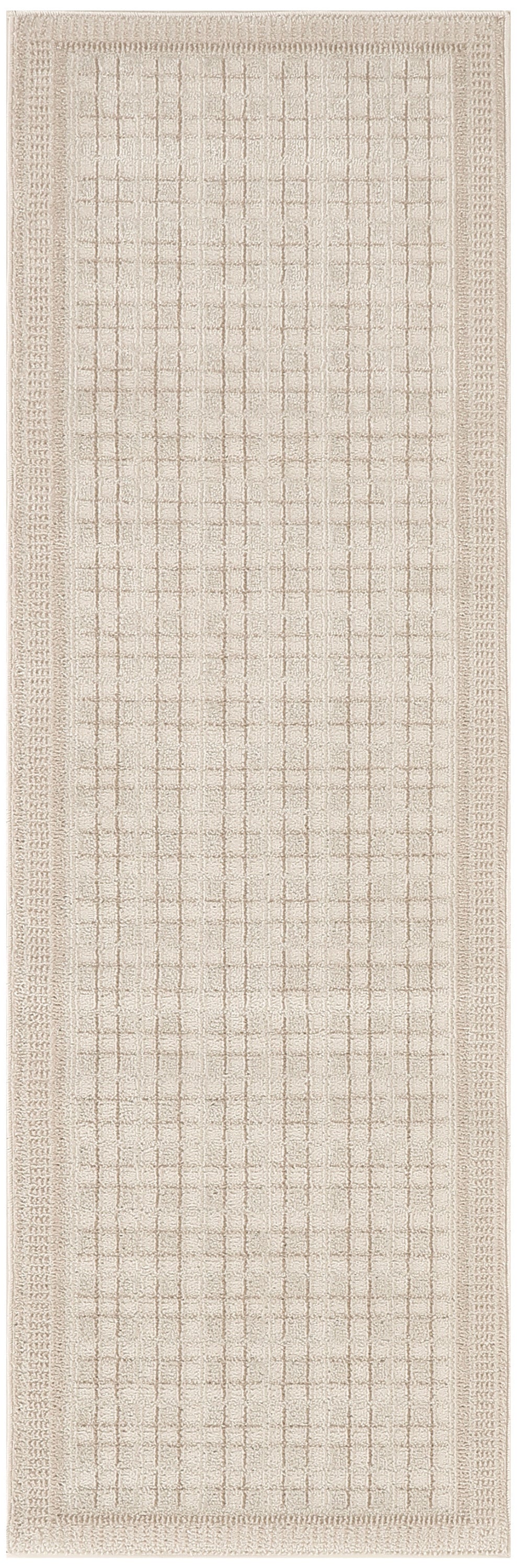 Beige rectangular woven rug runner with a soft grid pattern and textured border.