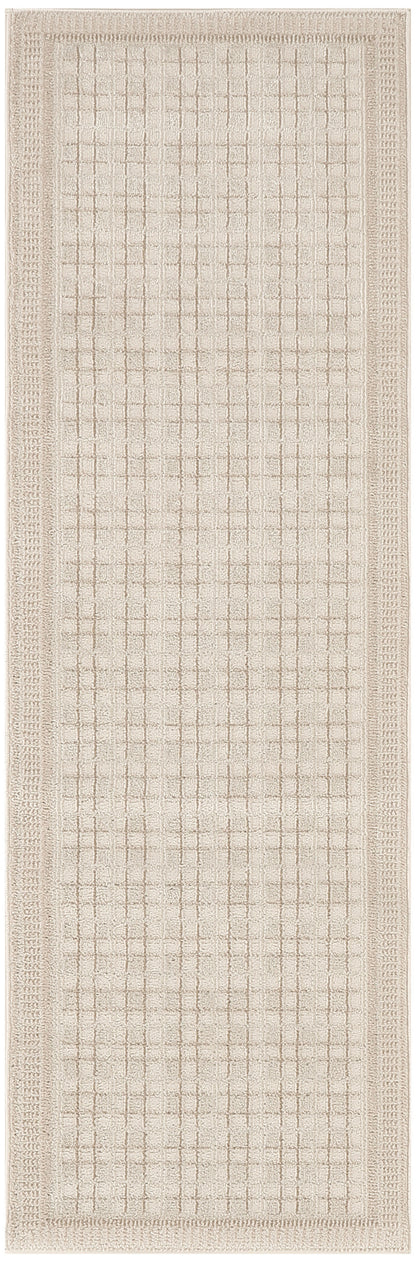 Beige rectangular woven rug runner with a soft grid pattern and textured border.