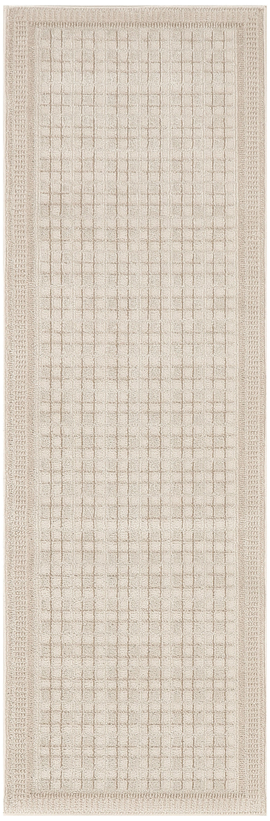 Beige rectangular woven rug runner with a soft grid pattern and textured border.