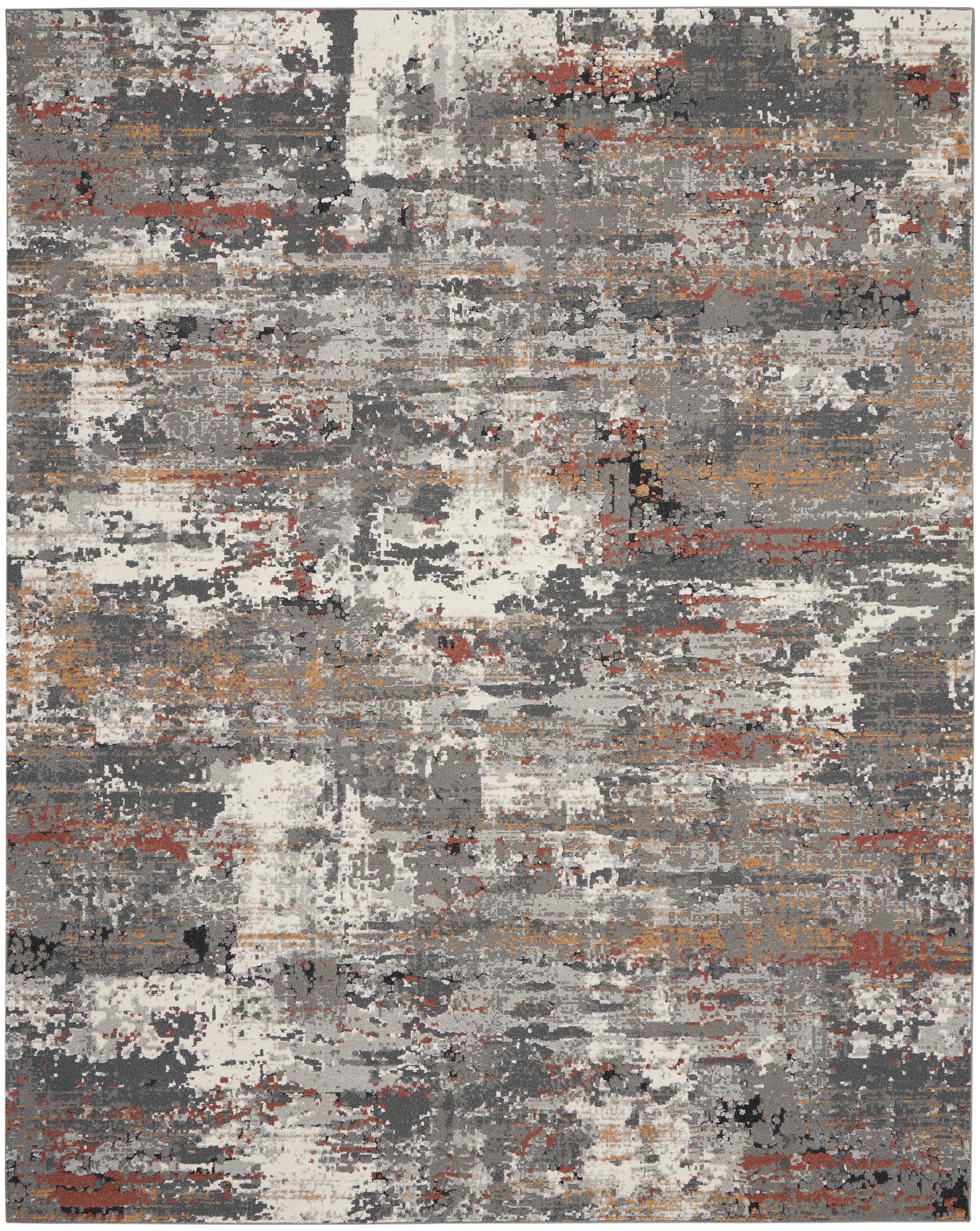 Abstract distressed area rug in gray, white, rust and tan tones; rectangular, modern, art-inspired design.