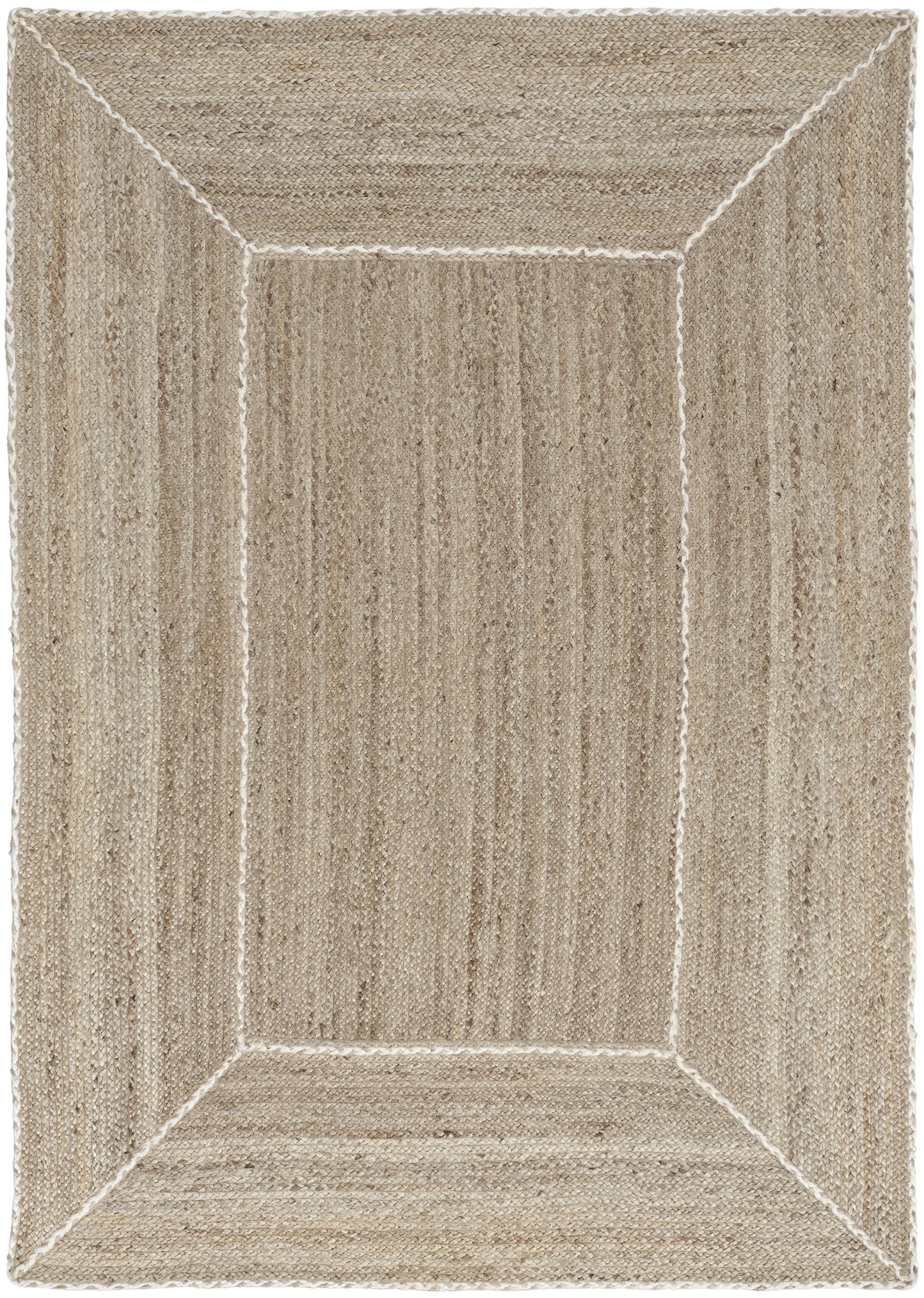 Beige rectangular rug with a geometric framed border and natural jute texture.