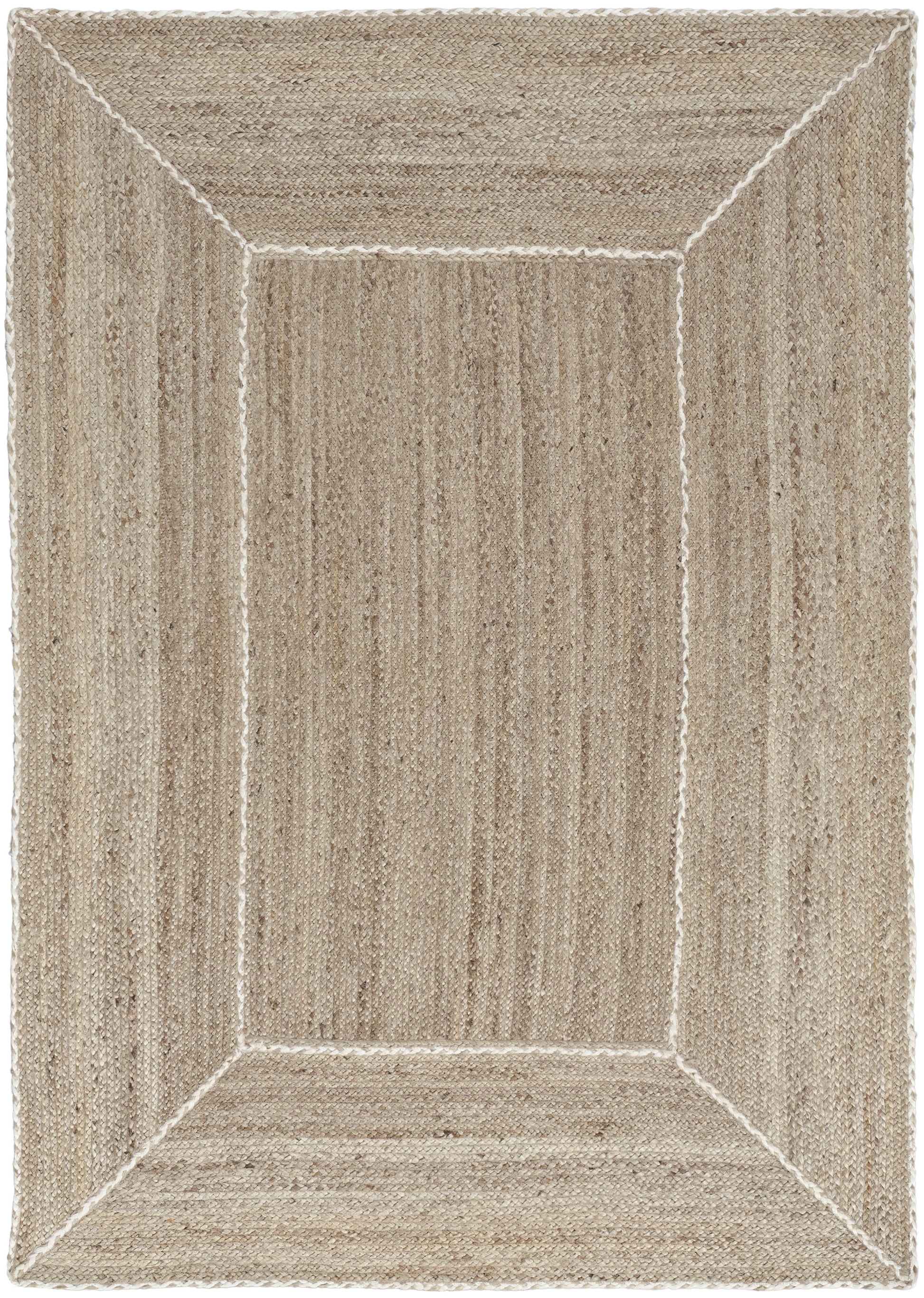Beige rectangular rug with a geometric framed border and natural jute texture.