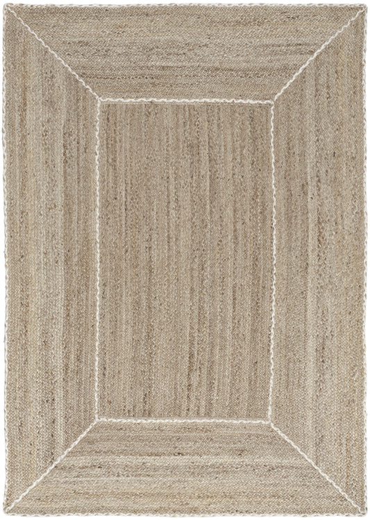 Beige rectangular rug with a geometric framed border and natural jute texture.