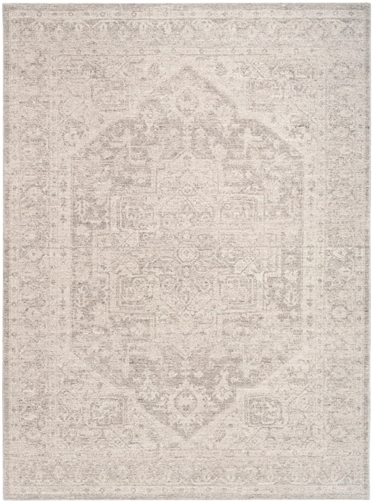 Beige distressed oriental rug with a faded central medallion, soft gray-beige tones and an antique floral border.