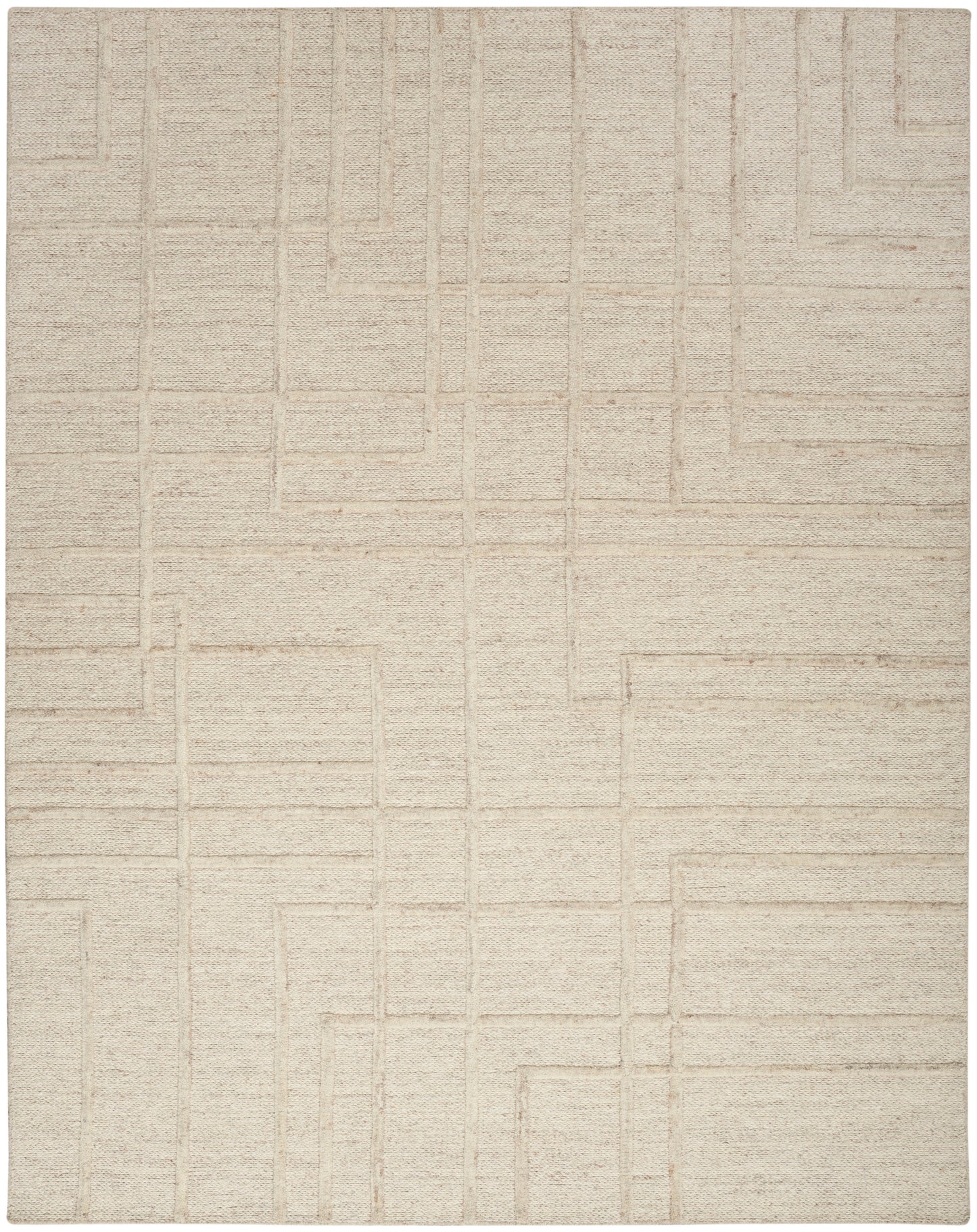 Beige textured rug with a subtle geometric rectangular grid pattern.