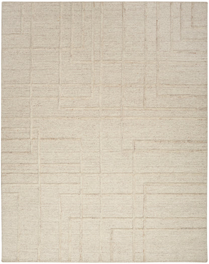 Beige textured rug with a subtle geometric rectangular grid pattern.