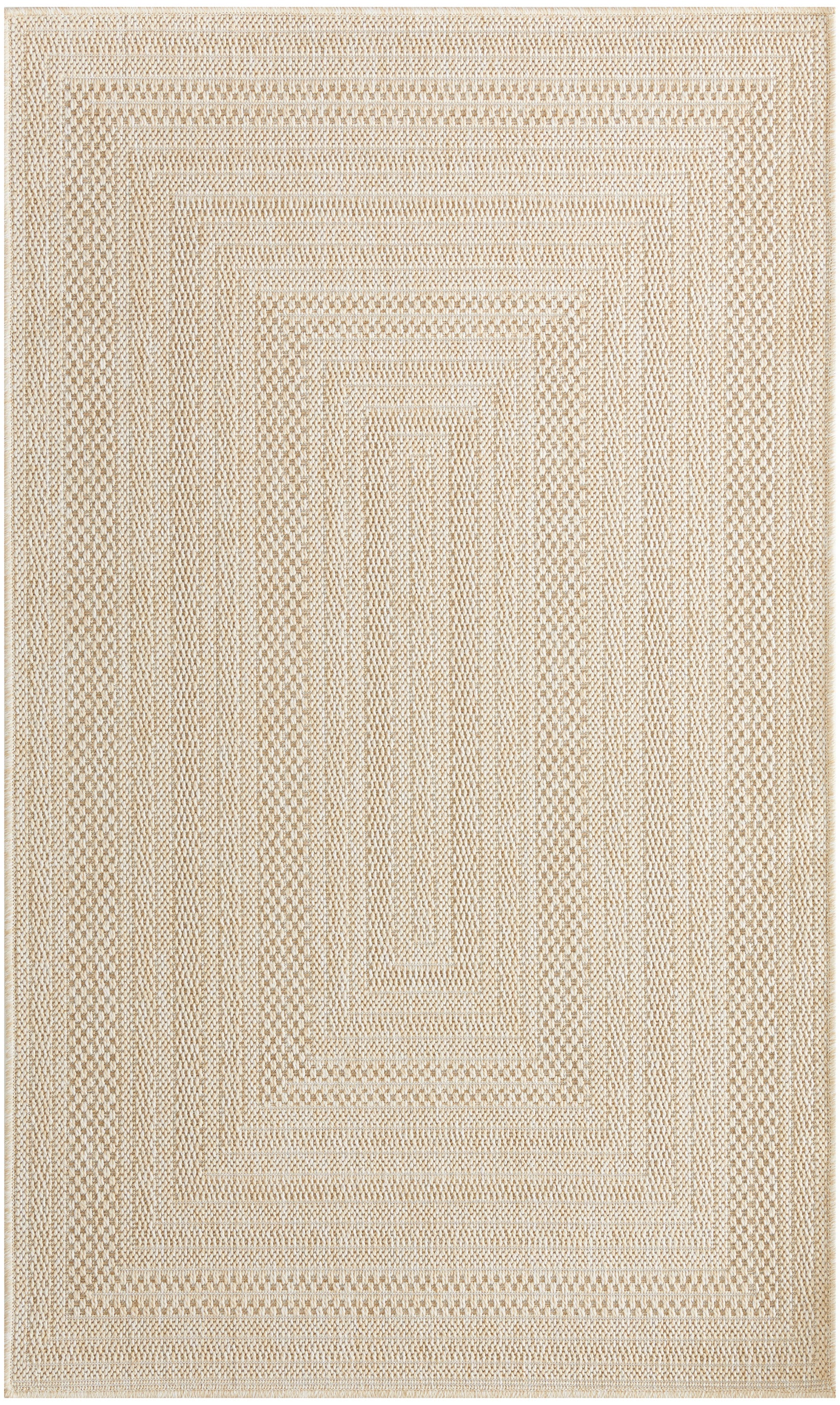 Beige jute rug with concentric rectangular woven pattern, natural fiber texture, neutral floor decor for living spaces.