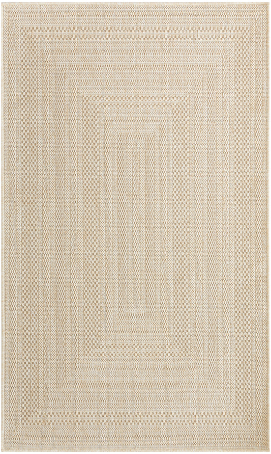 Beige jute rug with concentric rectangular woven pattern, natural fiber texture, neutral floor decor for living spaces.