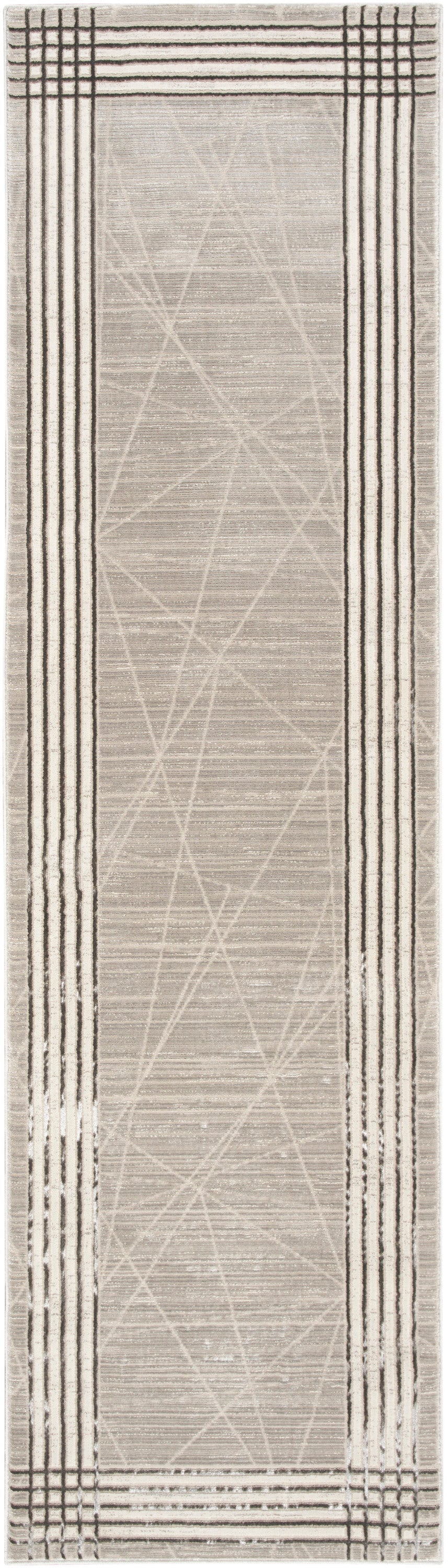 Beige hallway runner rug with dark border stripes and subtle geometric lines in the center, flat-weave.