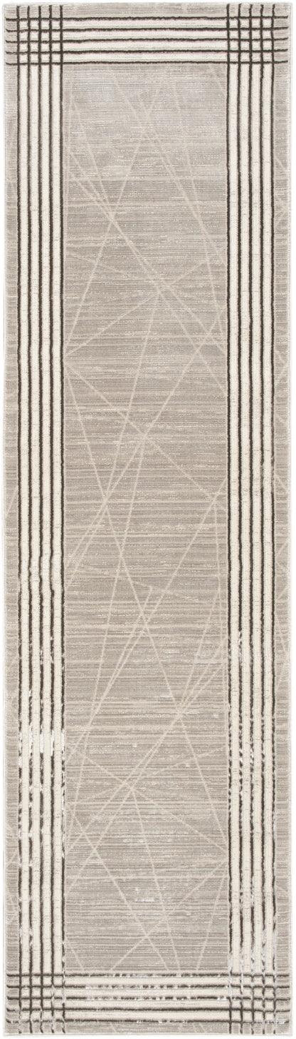 Beige hallway runner rug with dark border stripes and subtle geometric lines in the center, flat-weave.