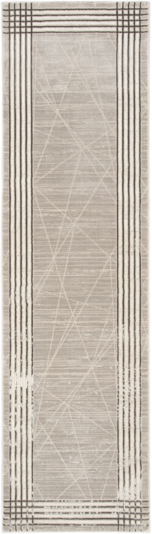 Beige hallway runner rug with dark border stripes and subtle geometric lines in the center, flat-weave.