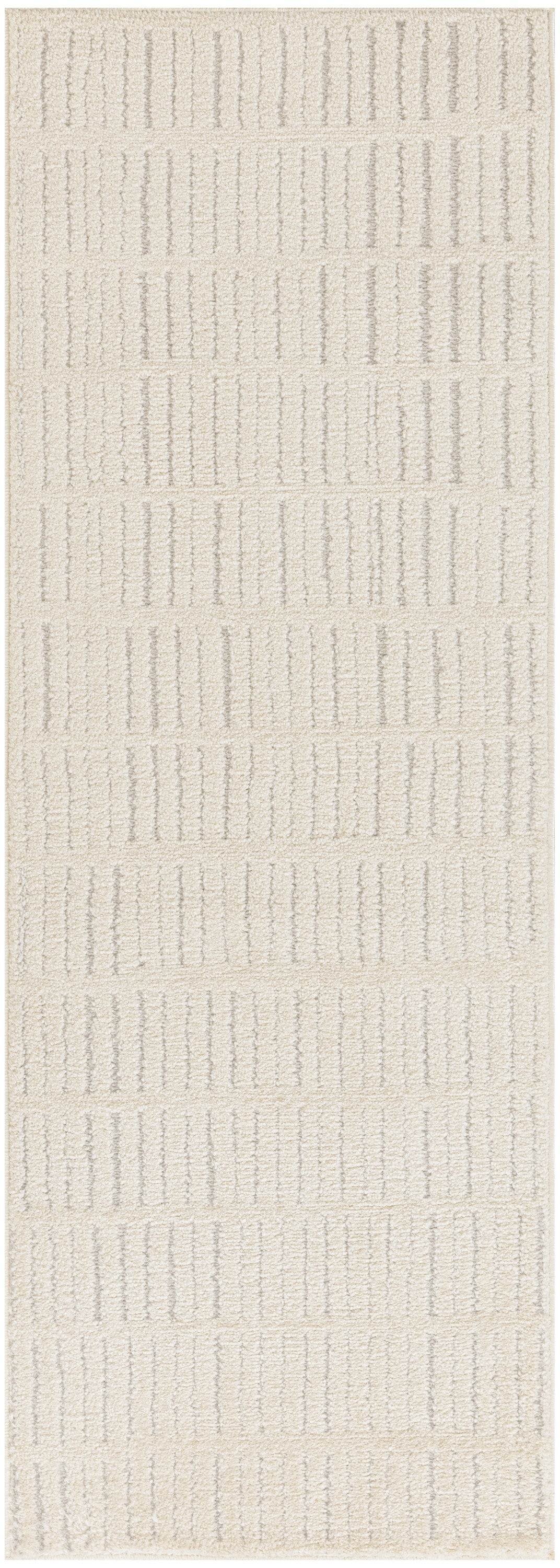 Beige textured area rug with raised vertical stripe motif and soft plush pile