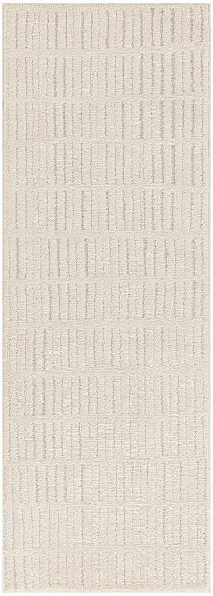 Beige textured area rug with raised vertical stripe motif and soft plush pile