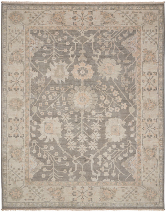 Rectangular area rug with muted gray center and ivory-beige floral border; vintage Persian-inspired pattern in tones.