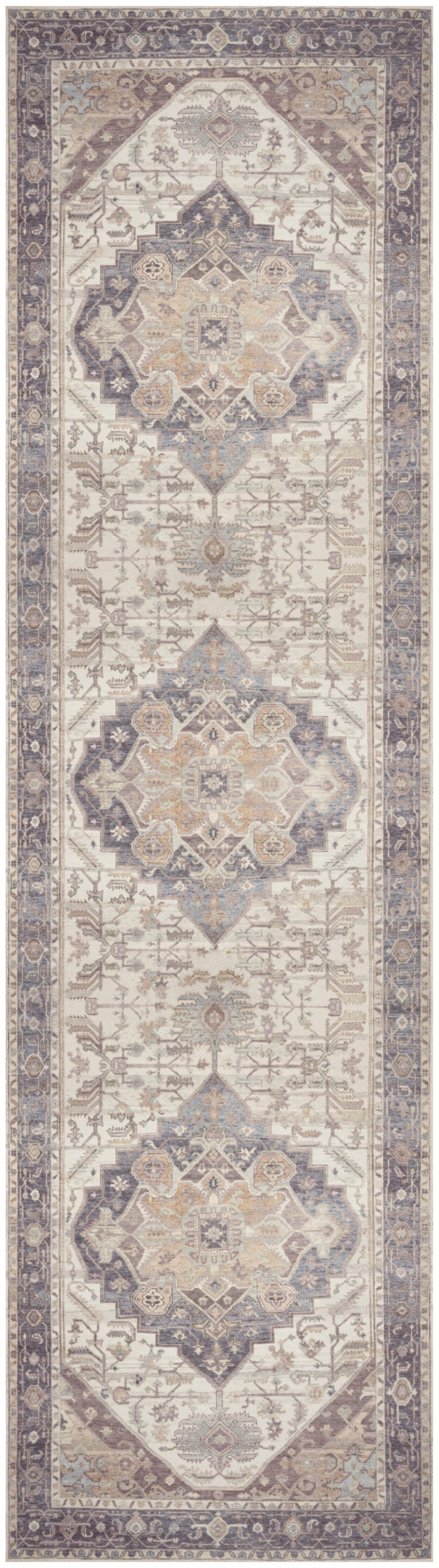 Long beige Persian-style runner rug with ivory and taupe geometric medallions, gray accents, and a dark floral border.
