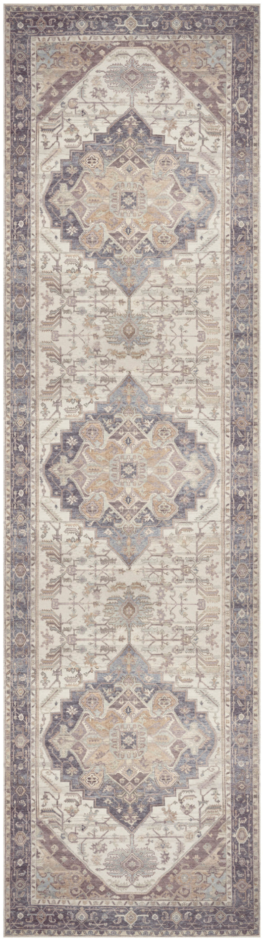 Long beige Persian-style runner rug with ivory and taupe geometric medallions, gray accents, and a dark floral border.