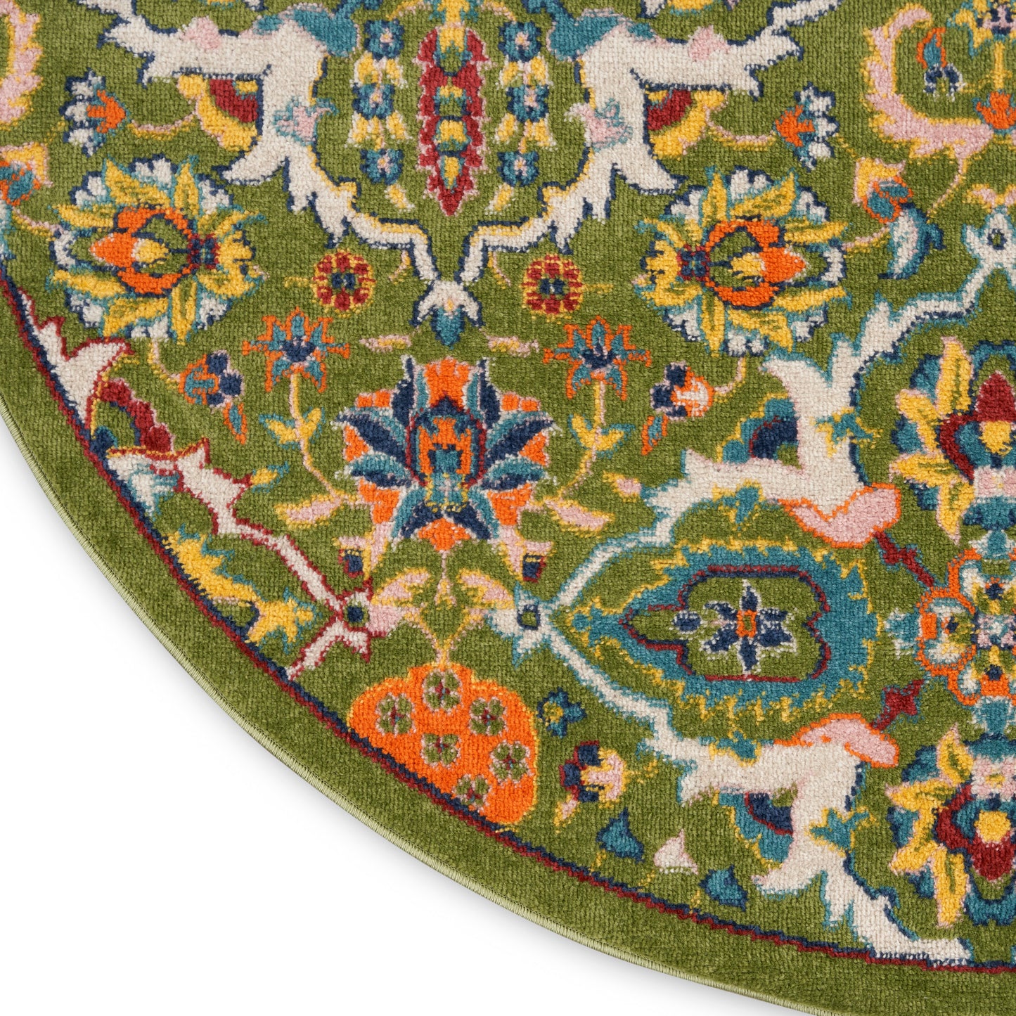 Round oriental rug, 8' diameter, green field with bright multicolor floral pattern; orange, blue, pink accents.