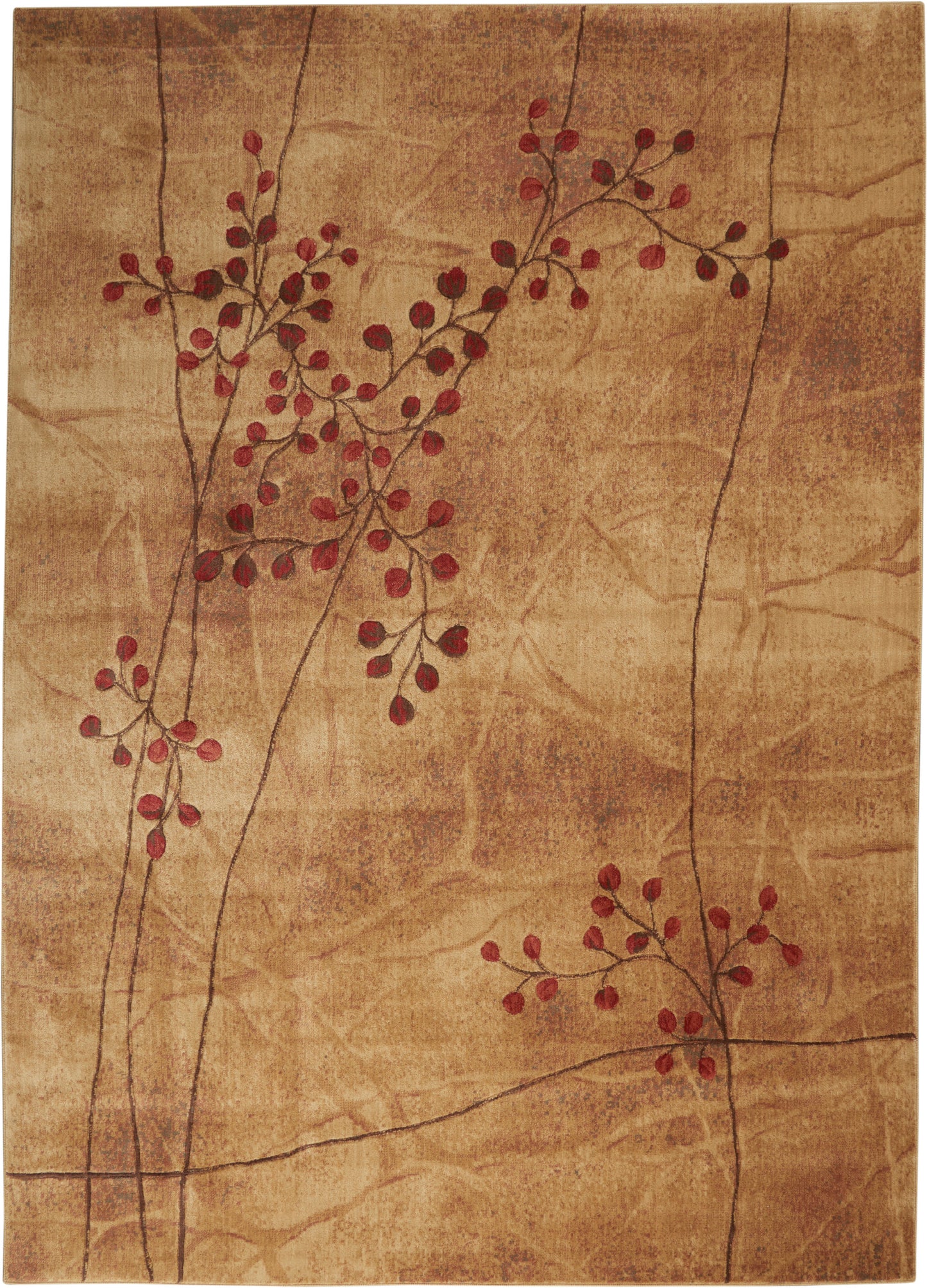 Beige area rug with slender brown branches and red berries in a minimalist botanical pattern.