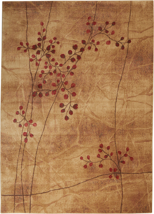 Beige area rug with slender brown branches and red berries in a minimalist botanical pattern.