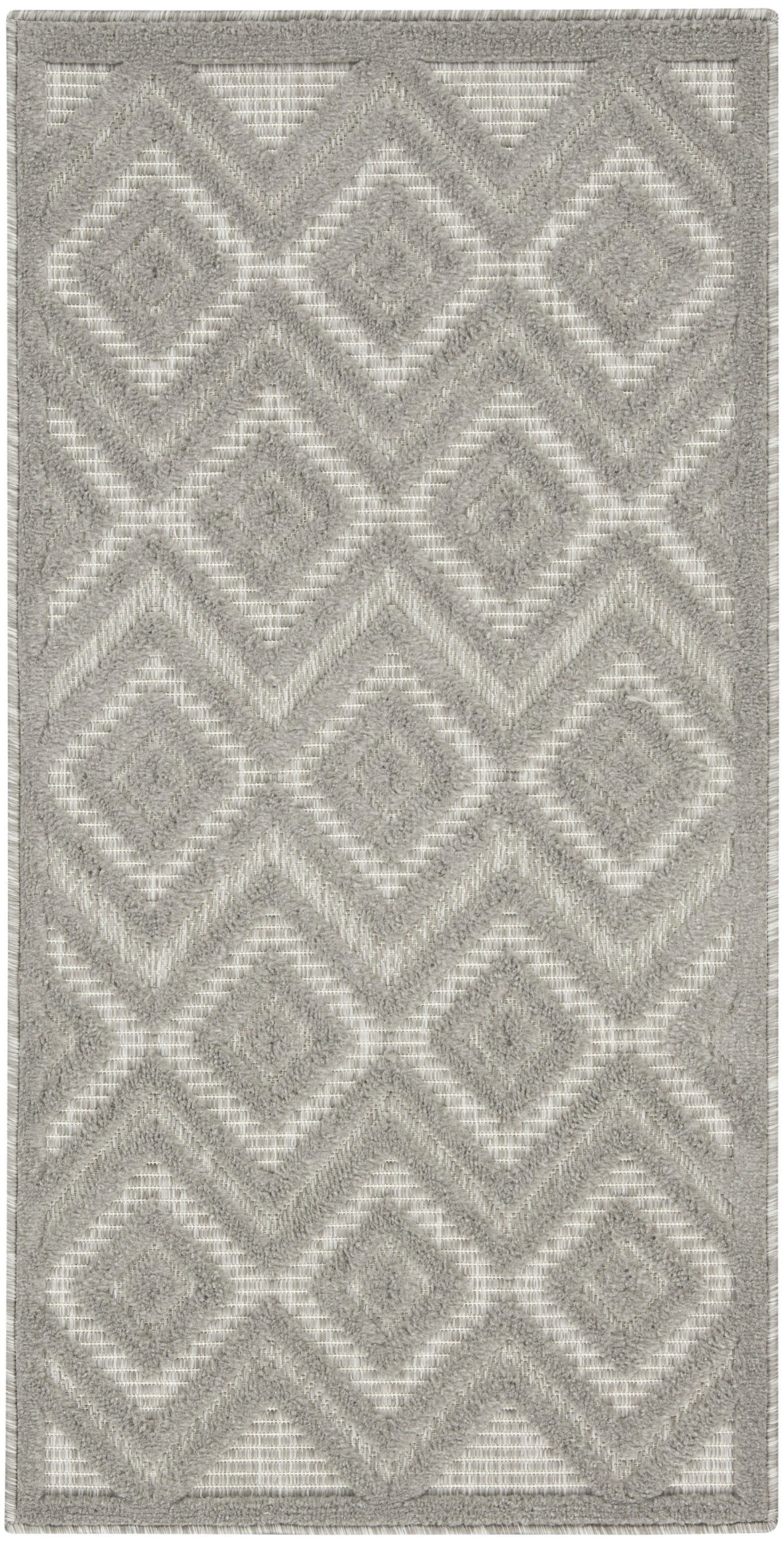 Rectangular gray rug with a two-tone diamond geometric pattern and plush shag pile