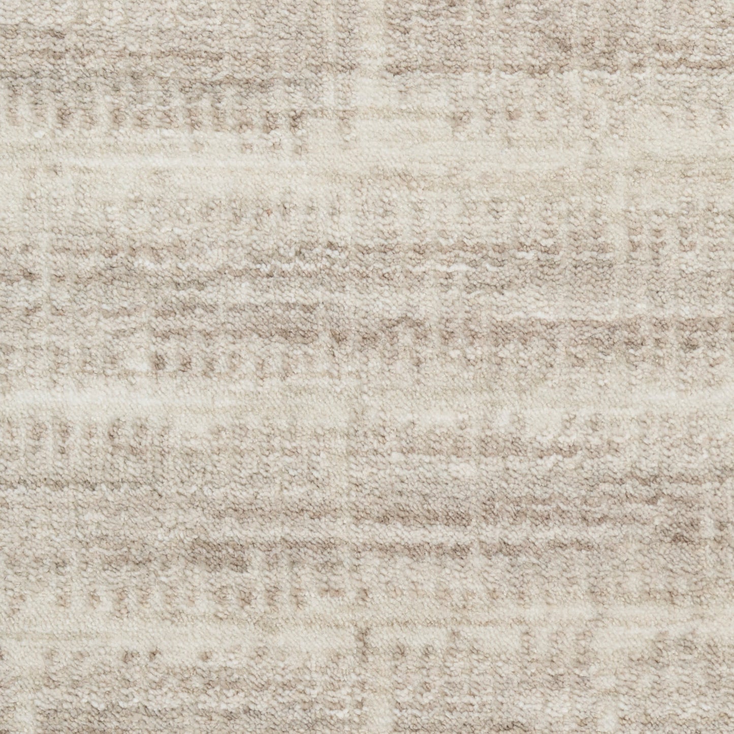 Beige textured rug with cream and taupe stripes; soft plush pile, rectangular for living room decor.