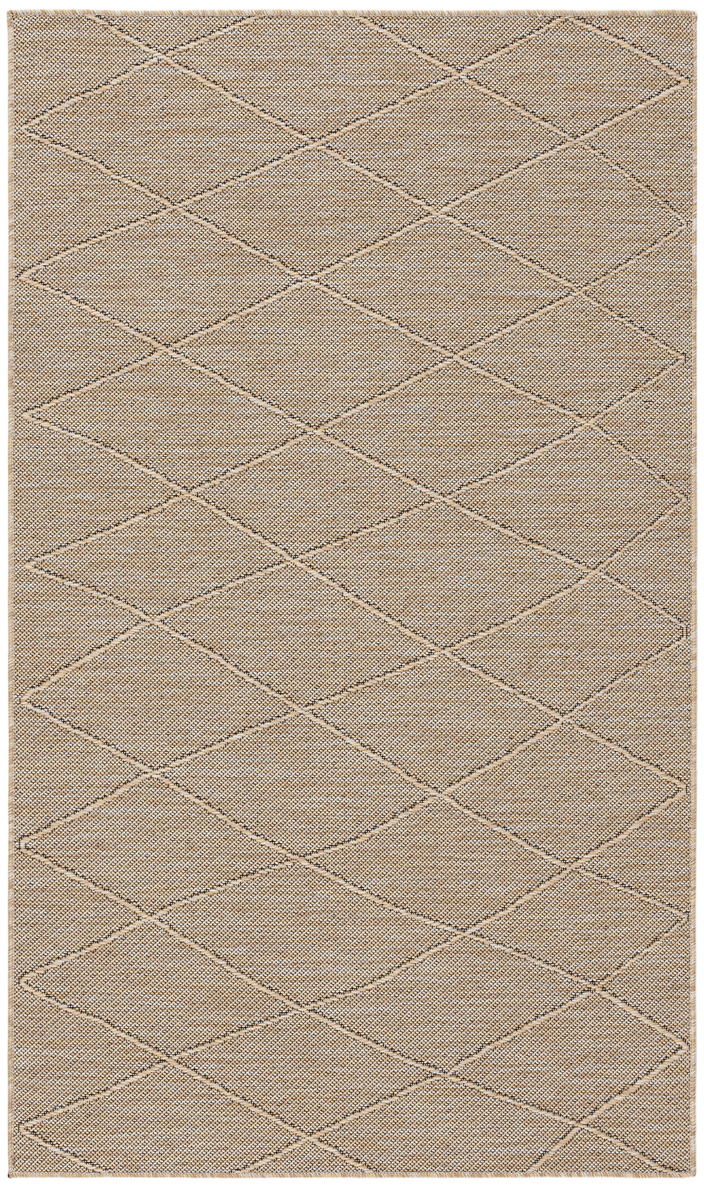 Beige rectangular area rug with a subtle diamond lattice pattern and textured surface.