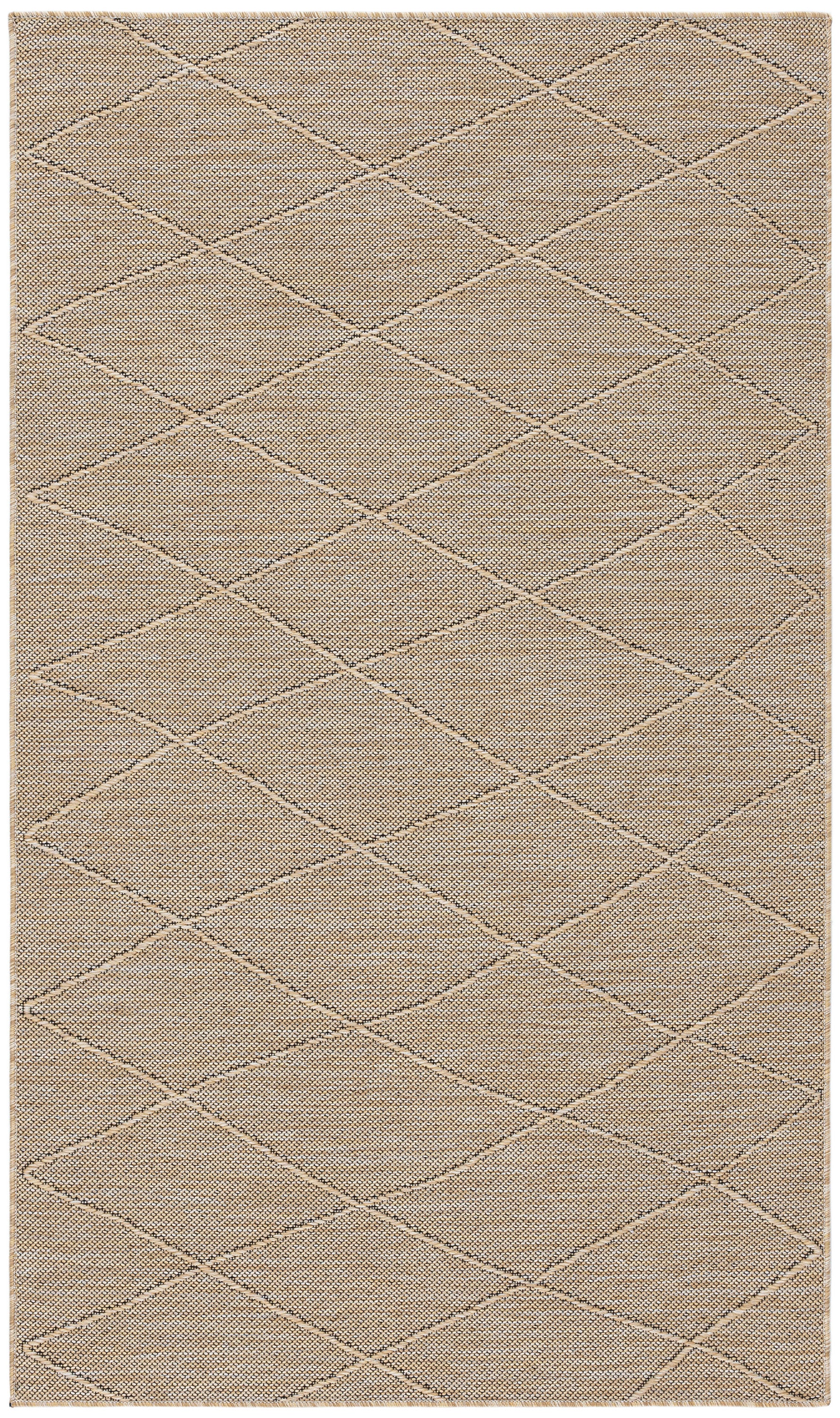 Beige rectangular area rug with a subtle diamond lattice pattern and textured surface.