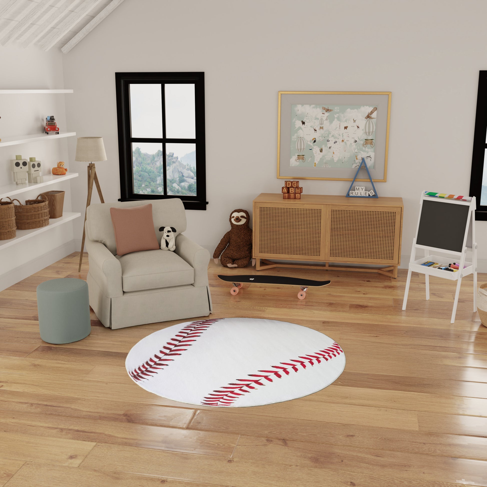 Cozy kids playroom with round white baseball-stitch rug, beige armchair, stuffed animals, wooden sideboard, map art.