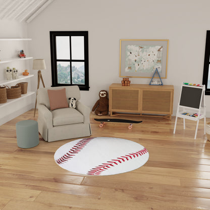 Cozy kids playroom with round white baseball-stitch rug, beige armchair, stuffed animals, wooden sideboard, map art.
