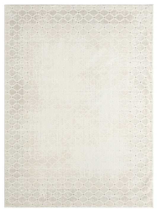 Cream-toned area rug with diamond lattice weave and bordered edges; soft, textured surface.