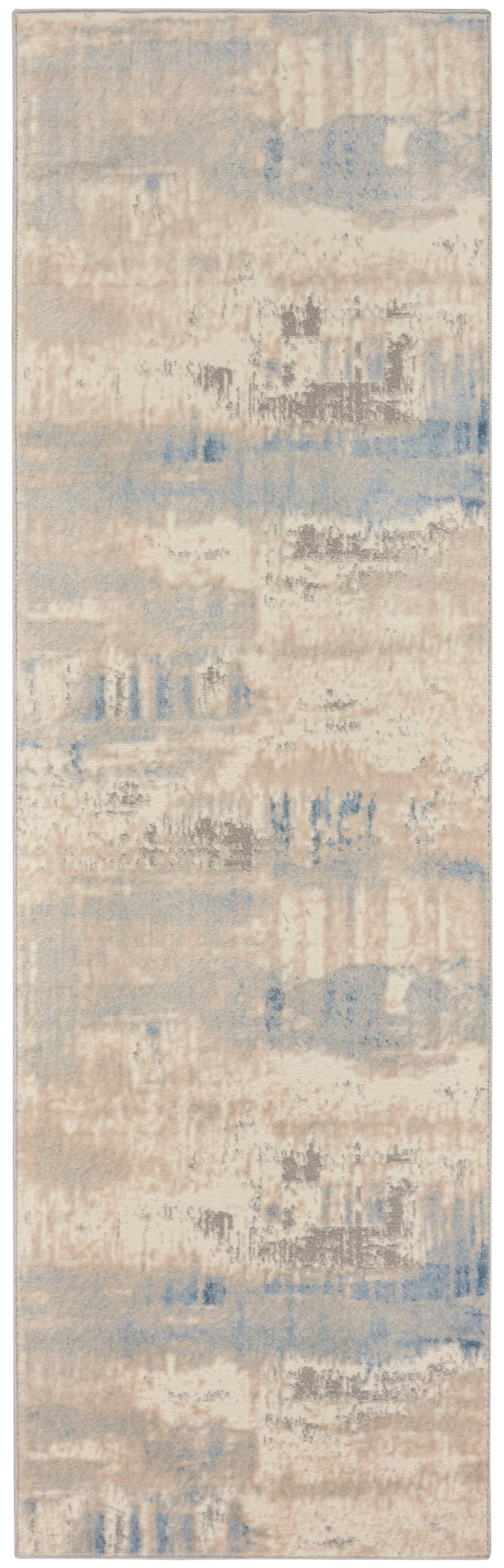 Abstract beige and pale blue distressed area rug with muted gray accents; modern rectangular.
