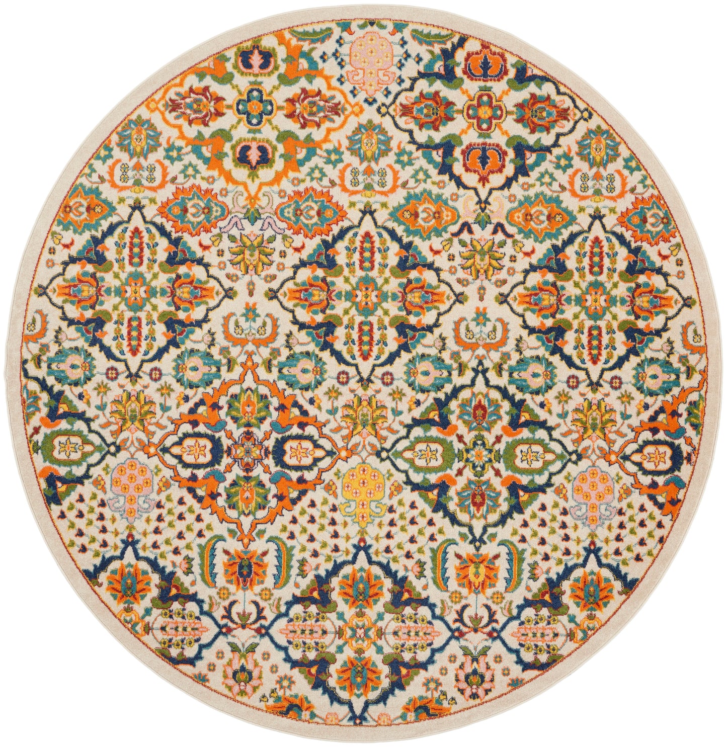 Round rug with cream background & multicolor floral medallion pattern; orange, teal, navy, pink accents.