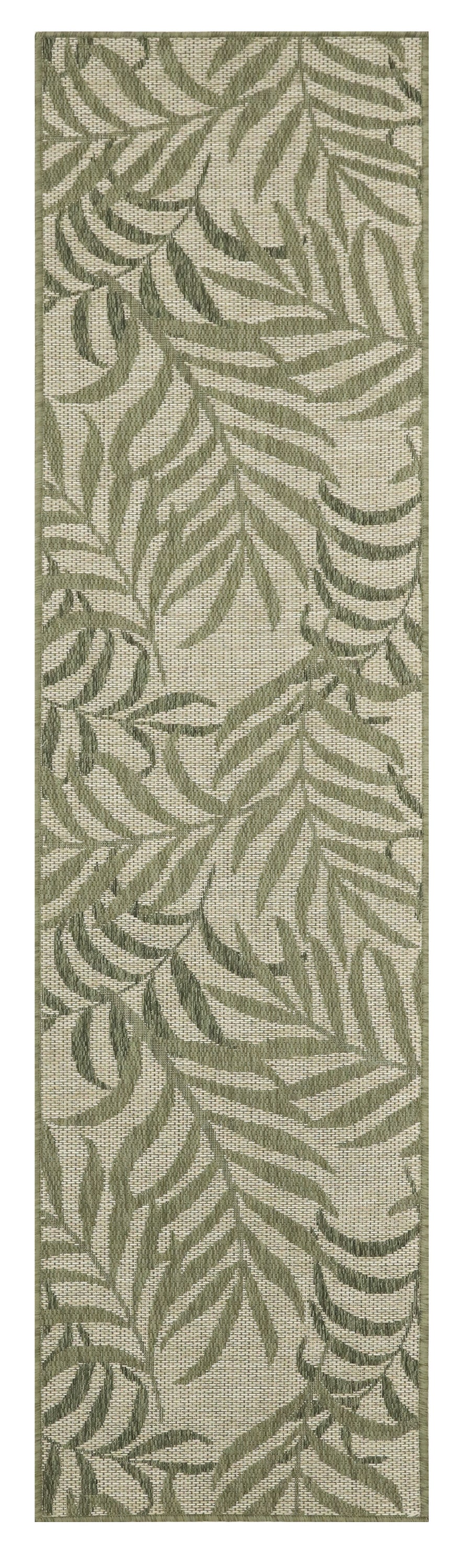 Long narrow beige runner rug with olive-green palm leaf botanical design; woven textile.