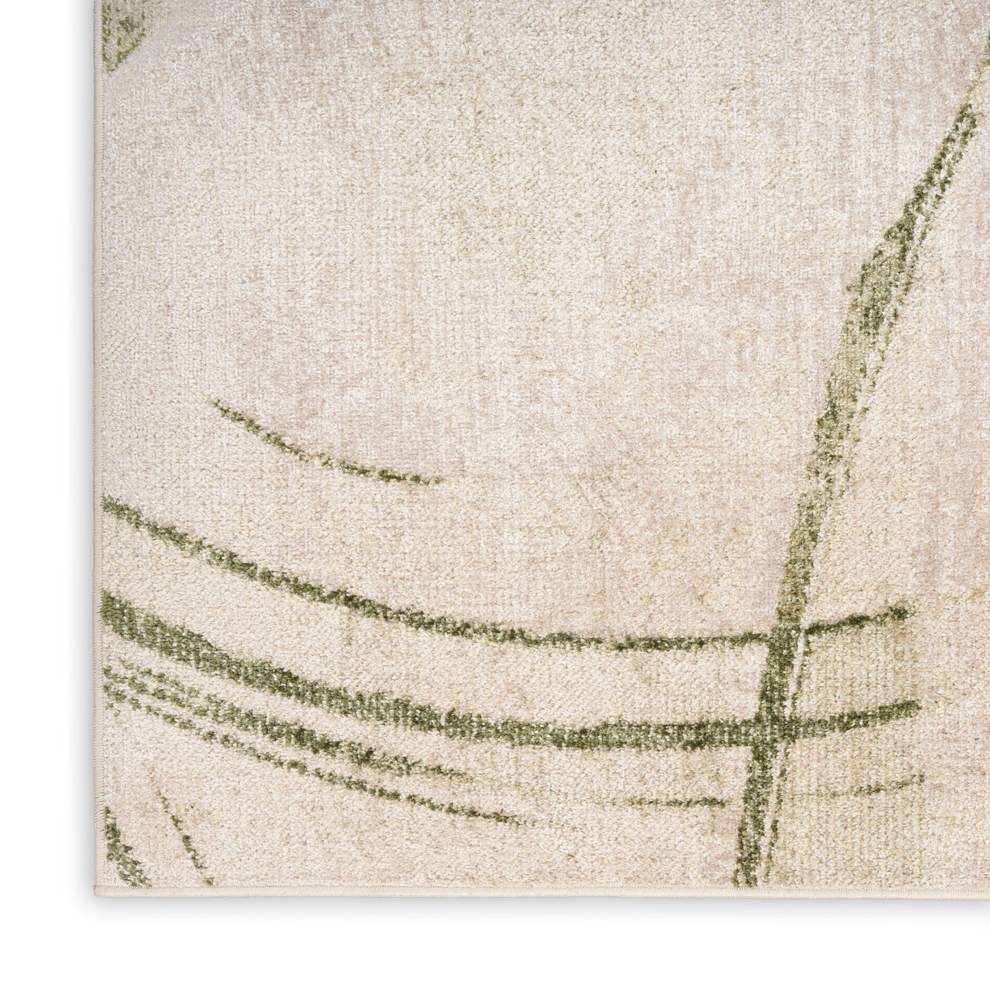 Beige textured rug with green curved brushstrokes forming an abstract, minimalist pattern.