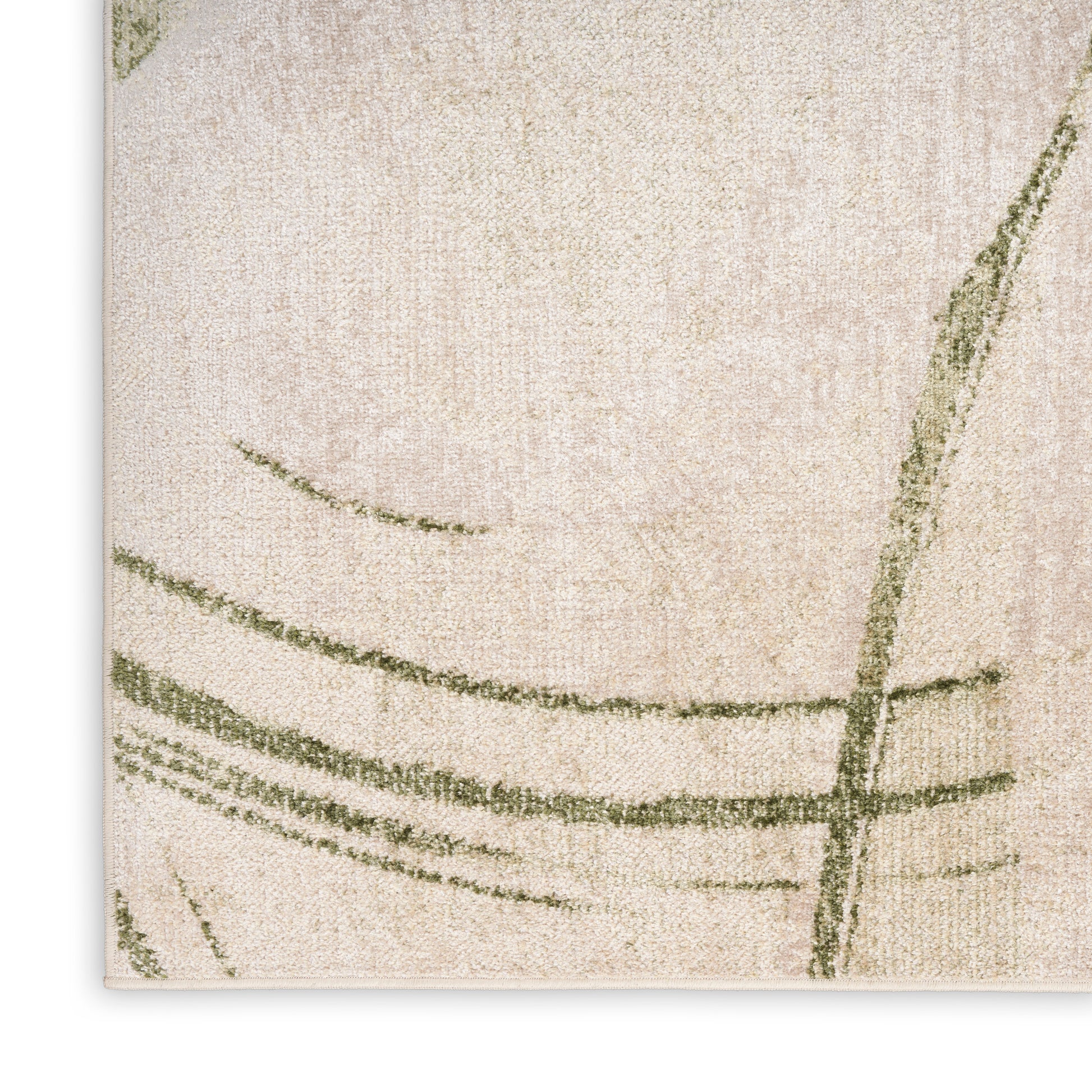Beige textured rug with green curved brushstrokes forming an abstract, minimalist pattern.