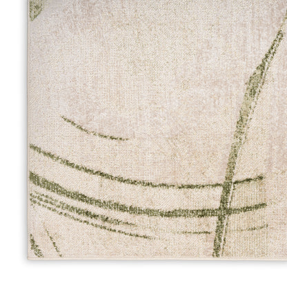 Beige textured rug with green curved brushstrokes forming an abstract, minimalist pattern.