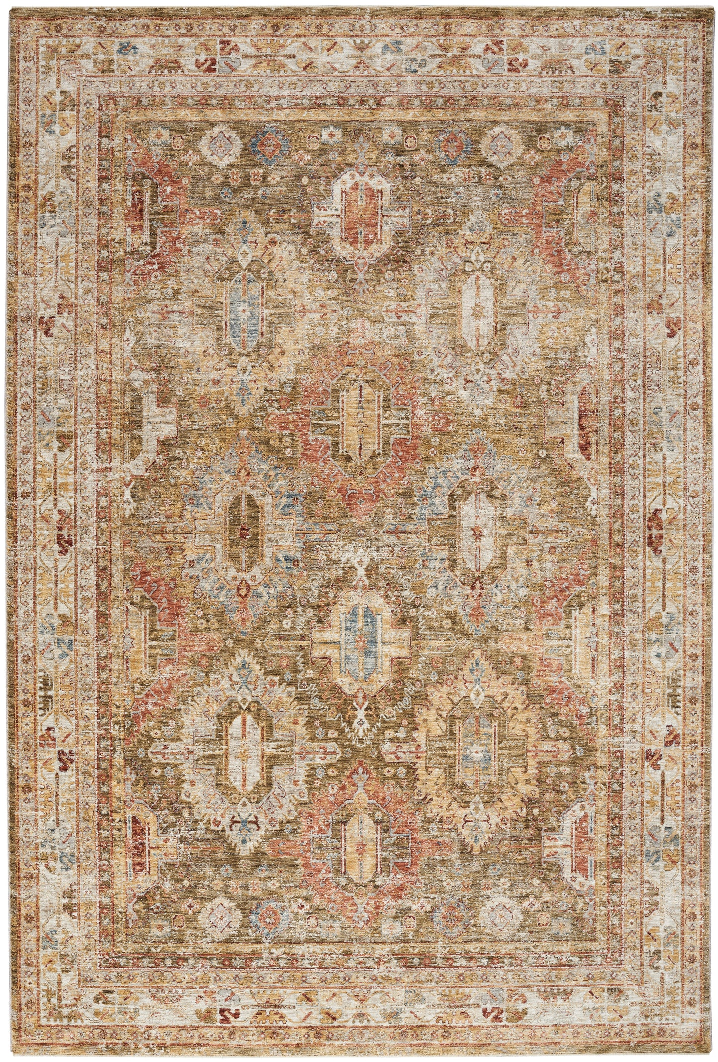 Distressed oriental rug in beige, tan, rust with blue accents; intricate medallion & border design.
