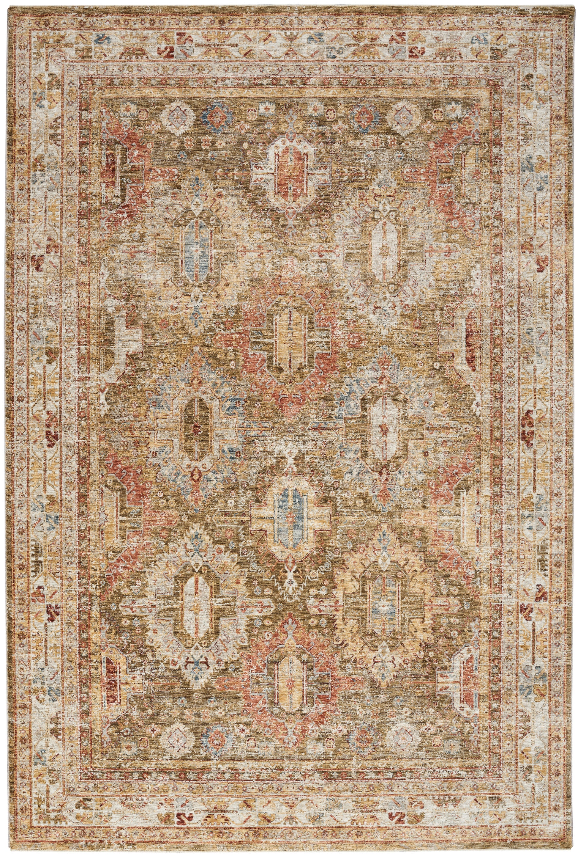 Distressed oriental rug in beige, tan, rust with blue accents; intricate medallion & border design.