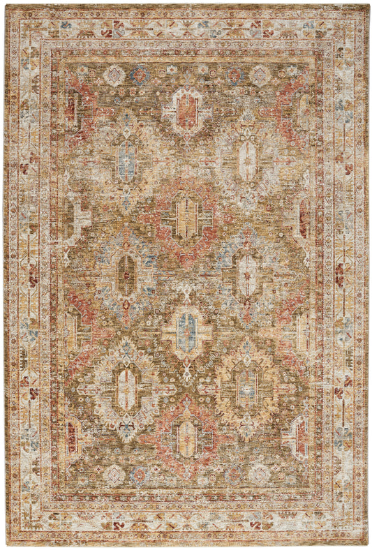 Distressed oriental rug in beige, tan, rust with blue accents; intricate medallion & border design.