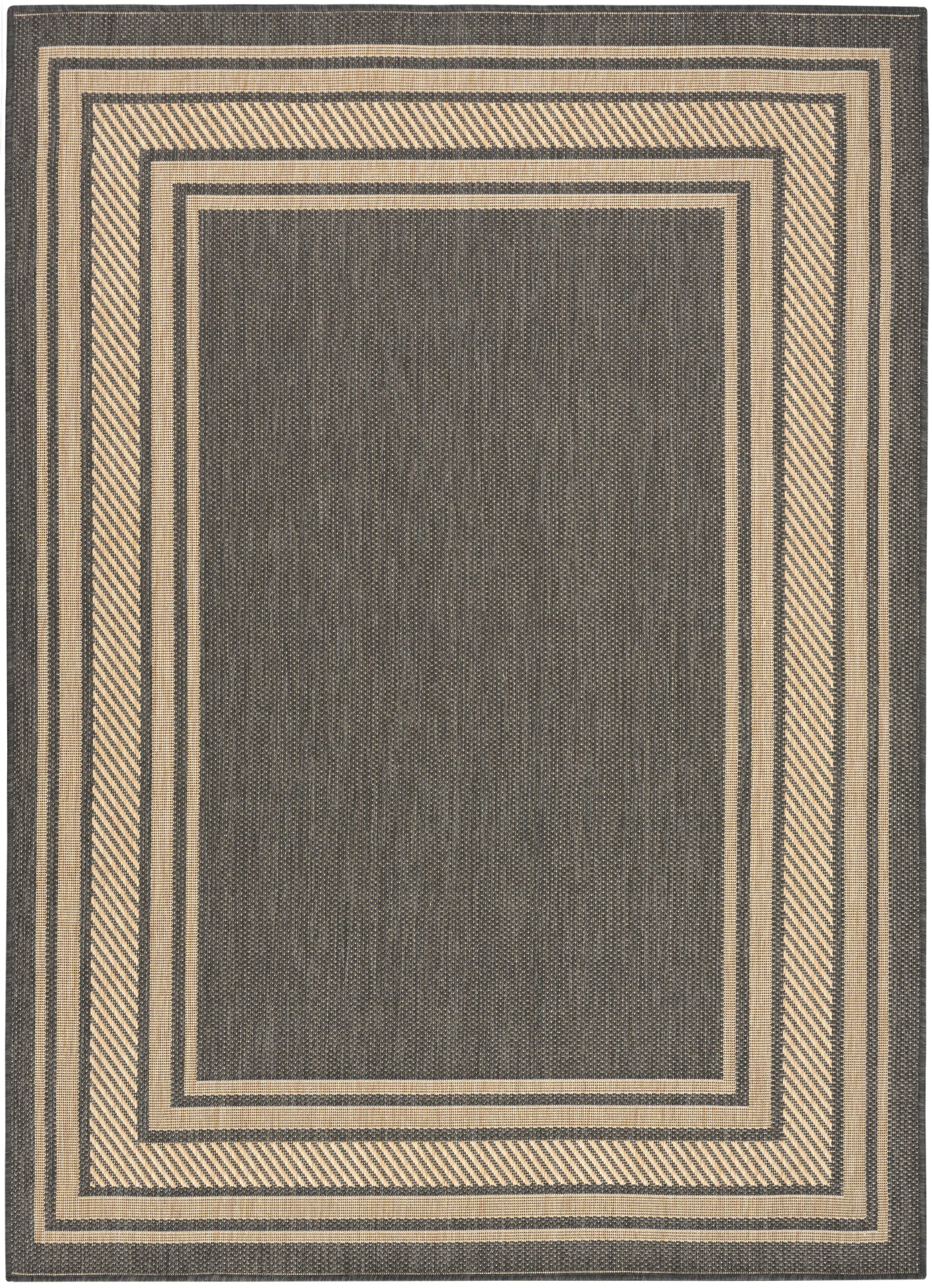 Rectangular woven area rug with charcoal center and beige concentric borders; neutral geometric design.