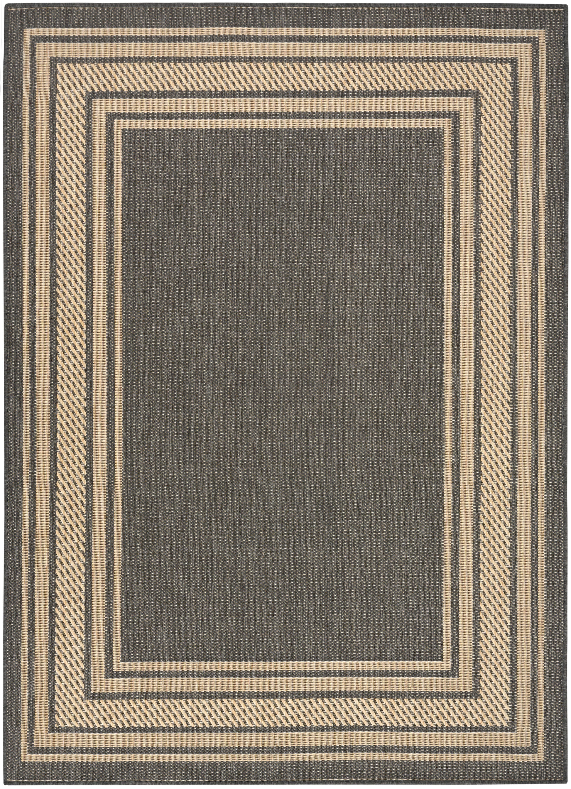Rectangular woven area rug with charcoal center and beige concentric borders; neutral geometric design.