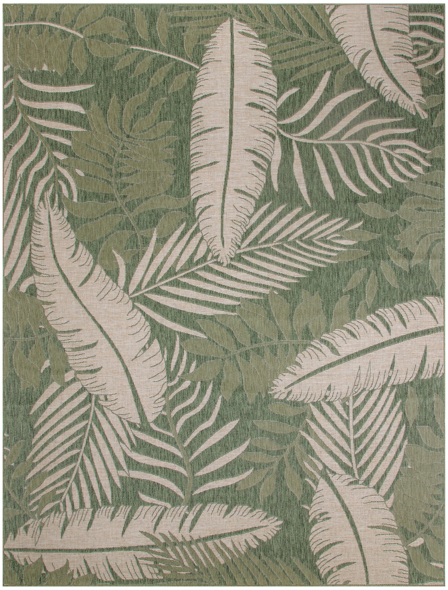 Olive green fabric with pale cream palm fronds; tropical leaf pattern for upholstery or drapery.