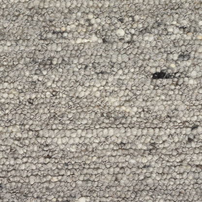 Beige-gray loop-pile rug with dense speckled texture and soft, cozy look.