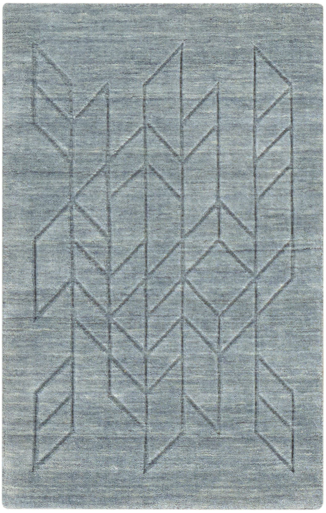 Blue-gray geometric area rug with intersecting chevrons and diamond line patterns; woven texture.
