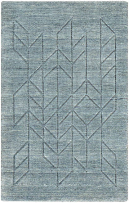 Blue-gray geometric area rug with intersecting chevrons and diamond line patterns; woven texture.